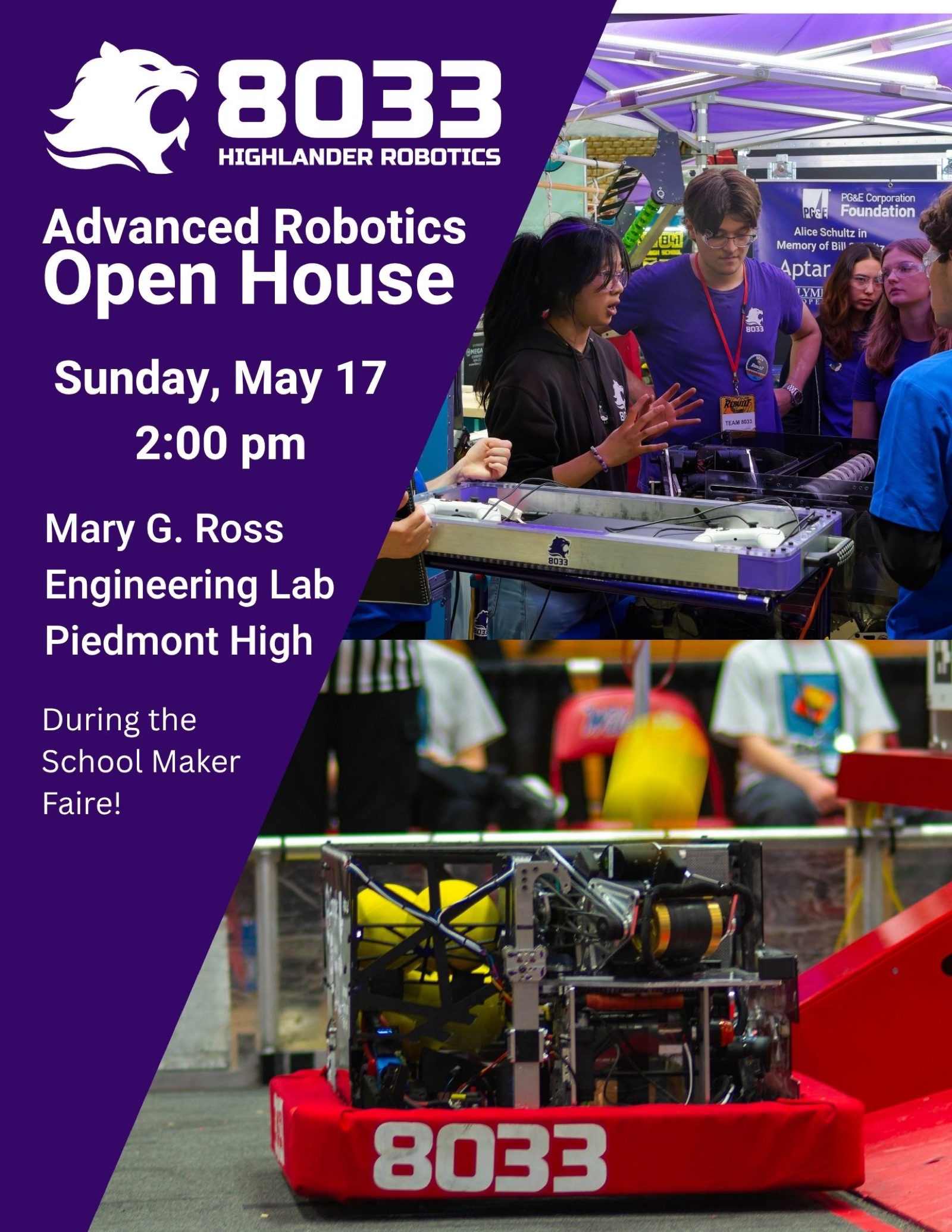 FRC robot on the competition floor surrounded by team members.